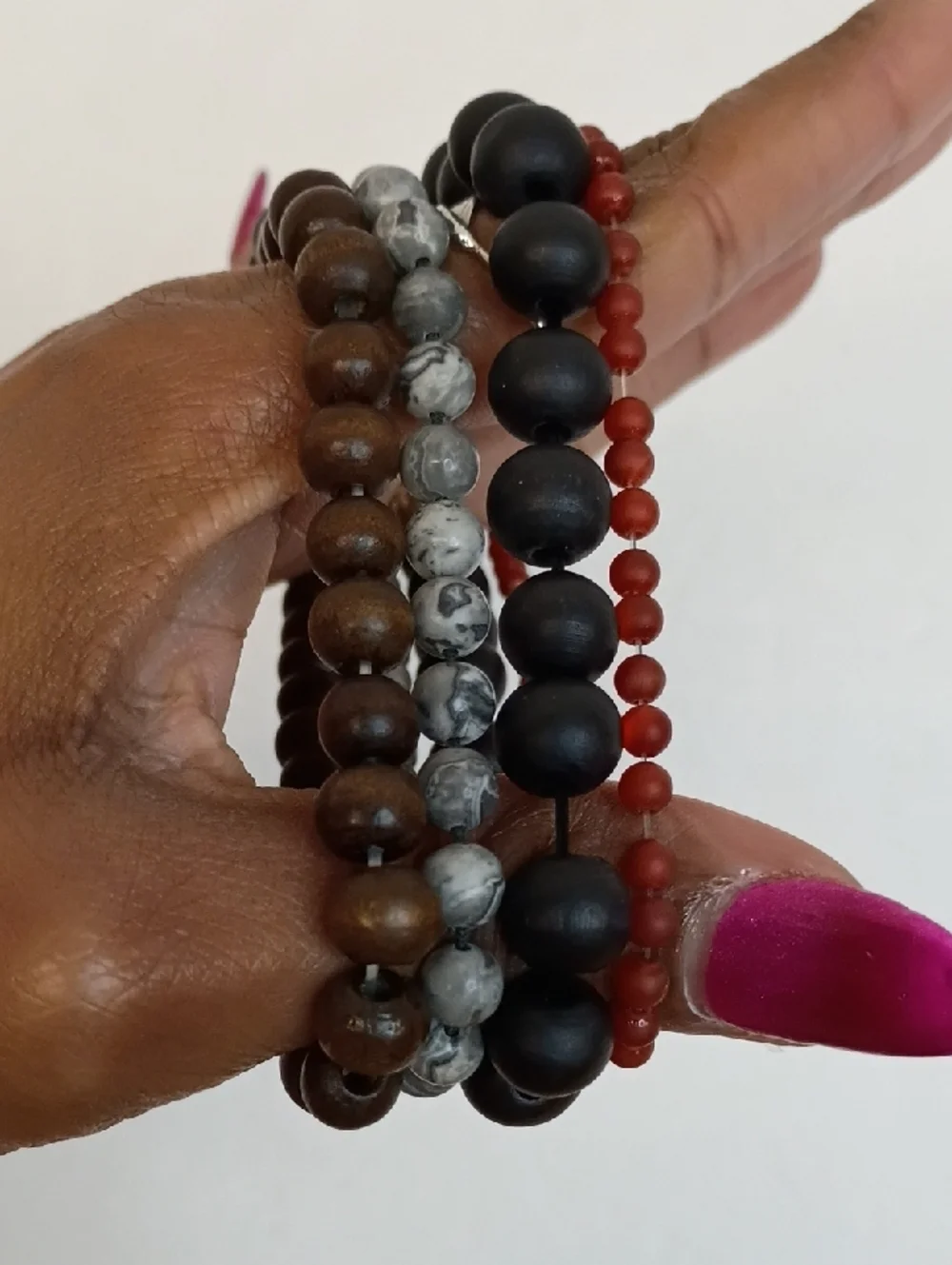 Beaded Bracelet Set Wood Stone Stretch Stack Minimal Boho 4 Piece